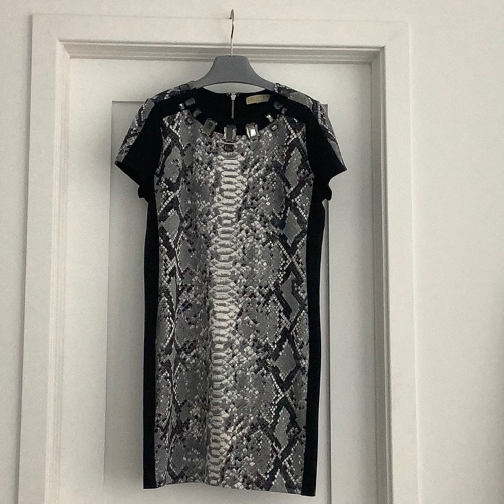 Michael Kors Black and Gray Snake Print Sheath Dress